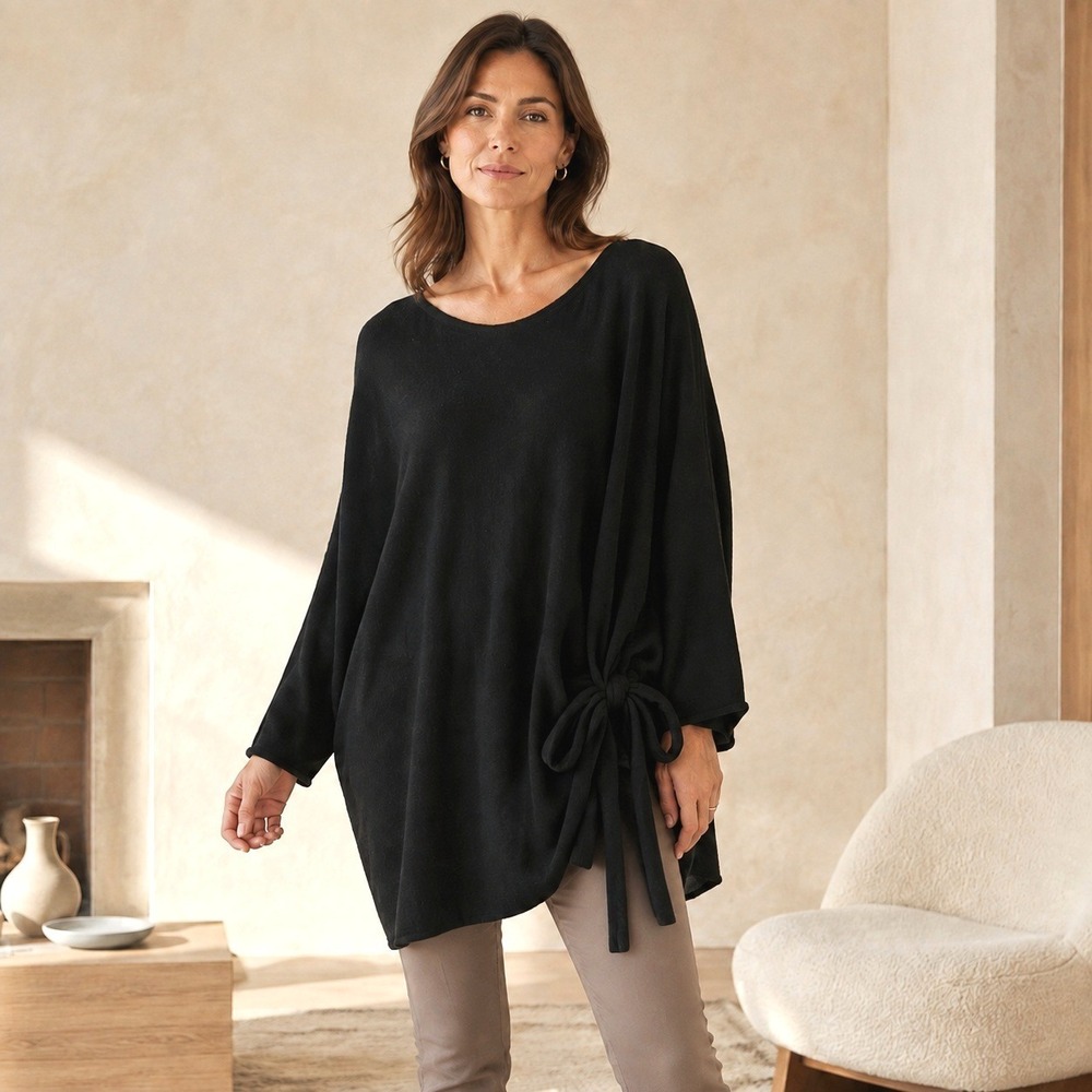 Eileen Fisher Cashmere Tunic Sweater XL Black Side Tie Quiet Luxury Minimalist